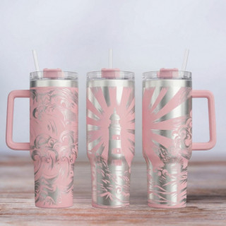 Tumbler mit Gravur - Motiv Leuchtturm - helles Pink