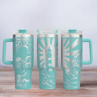 Tumbler mit Gravur - Motiv Leuchtturm - türkis