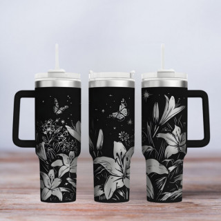 Tumbler mit Gravur - Motiv Lilly flower - Lilien - schwarz