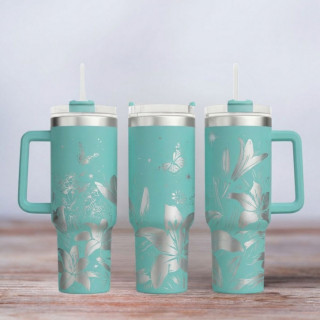Tumbler mit Gravur - Motiv Lilly flower - Lilien - türkis