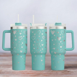 Tumbler mit Gravur - Shower of hearts - türkis