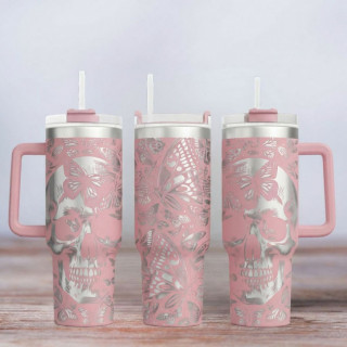 Tumbler mit Gravur - Motiv Skull - helles Pink
