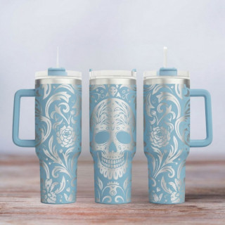 Tumbler mit Gravur - Skull Tattoo - hellblau