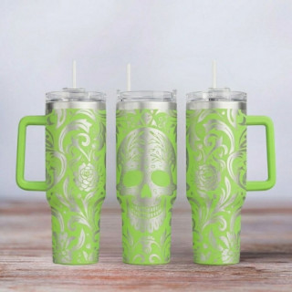 Tumbler mit Gravur - Skull Tattoo - hellgrün