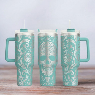 Tumbler mit Gravur - Skull Tattoo - türkis