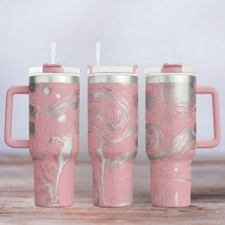 Tumbler mit Gravur - Motiv Cat Night - helles Pink