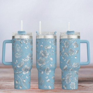 Tumbler mit Gravur - Motiv Cherry Blossom - hellblau